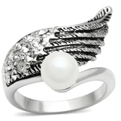 Fashnzfab Rhodium Brass Ring With Synthetic Pearl In White In Metallic