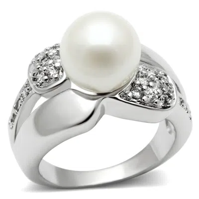 Fashnzfab Rhodium Brass Ring With Synthetic Pearl In White In Metallic