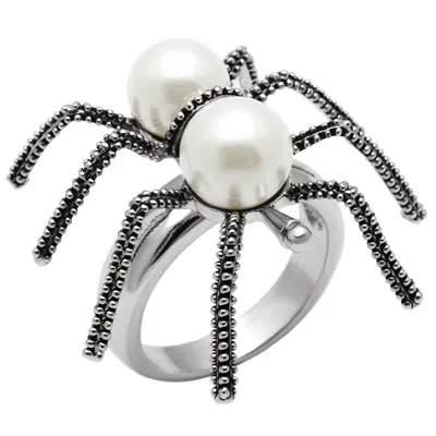 Fashnzfab Rhodium Brass Ring With Synthetic Pearl In White In Pink