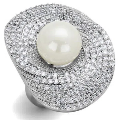 Fashnzfab Rhodium Brass Ring With Synthetic Pearl In White In Pink