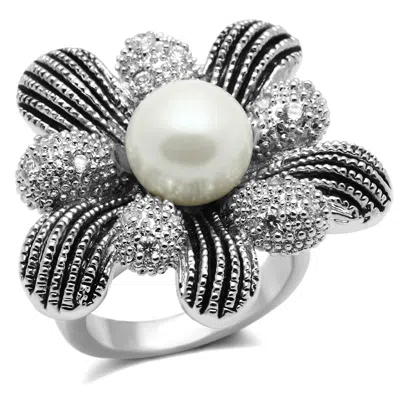 Fashnzfab Rhodium Brass Ring With Synthetic Pearl In White In Silver