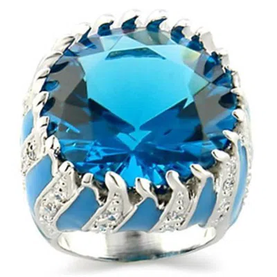 Fashnzfab Rhodium Brass Ring With Synthetic Synthetic Glass In Sea Blue