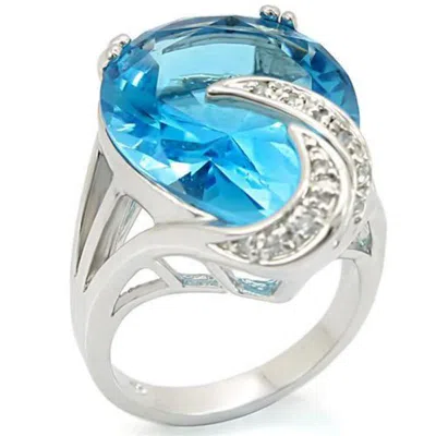 Fashnzfab Rhodium Brass Ring With Synthetic Synthetic Glass In Sea Blue In Metallic