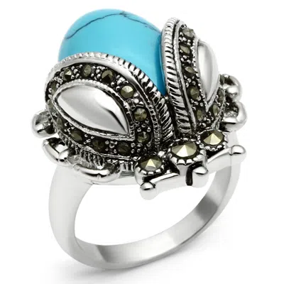 Fashnzfab Rhodium Brass Ring With Synthetic Turquoise In Sea Blue