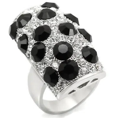 Fashnzfab Rhodium Brass Ring With Top Grade Crystal In Jet In Multi
