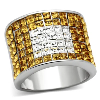 Fashnzfab Rhodium Brass Ring With Top Grade Crystal In Topaz In Orange