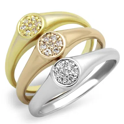 Fashnzfab Rhodium + Gold + Rose Gold Brass Ring With Aaa Grade Cz In Clear In Multi
