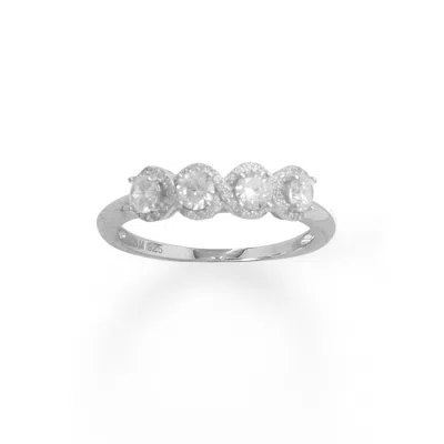 Fashnzfab Rhodium Plated 4 Cz With Halo Edge Ring In Silver