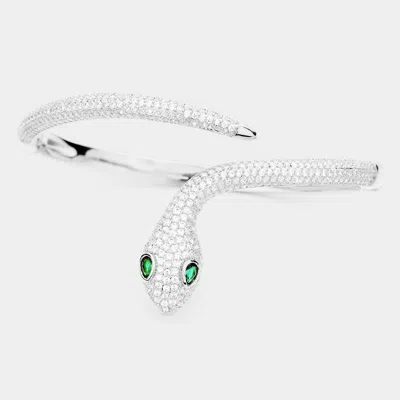 Fashnzfab Rhodium Plated Aaa Cz Cubic Zirconia Snake Hinged Bracelet Silver