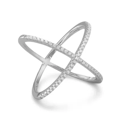 Fashnzfab Rhodium Plated Criss Cross 'x' Ring With Signity Czs In Gray