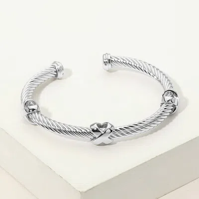Fashnzfab Rhodium Plated Crisscross Accent Twisted Cable Cuff Bracelet In Metallic