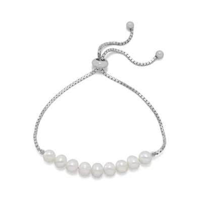 Fashnzfab Rhodium Plated Cultured Freshwater Pearl Bolo Bracelet In Silver
