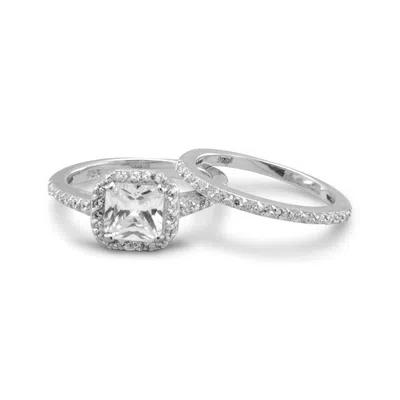 Fashnzfab Rhodium Plated Cz Bridal Ring Set In Metallic