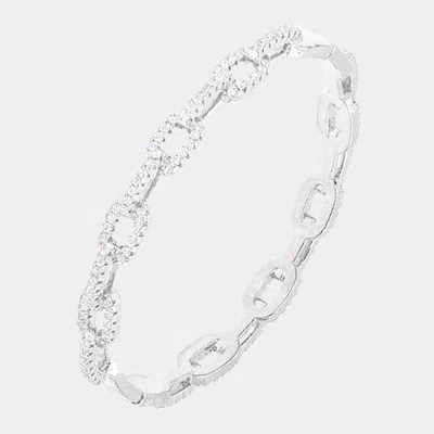 Fashnzfab Rhodium Plated Cz Embellished Open Oval Link Bangle Evening Bracelet Silver