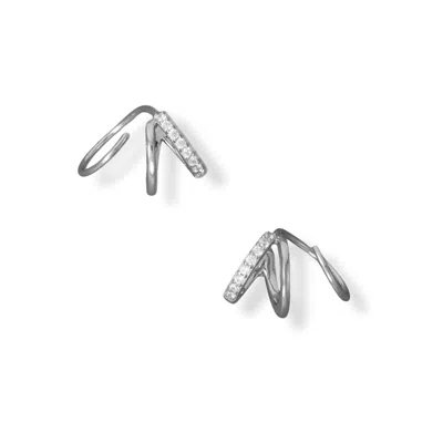Fashnzfab Rhodium Plated Cz Hoop Earrings In Silver