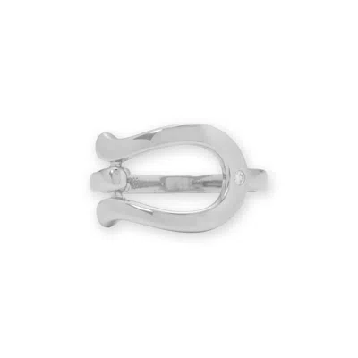 Fashnzfab Rhodium Plated Cz Horseshoe Ring In Silver