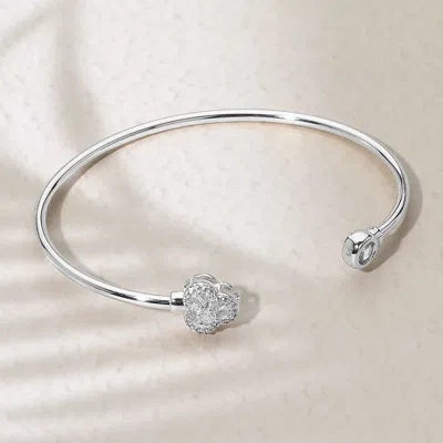 Fashnzfab Rhodium Plated Cz Stone Clover Tip Cuff Bracelet Silver