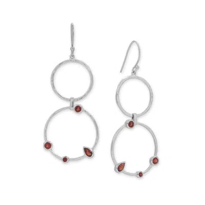 Fashnzfab Rhodium Plated Garnet And Hammered Circle Drop Earrings In Pink