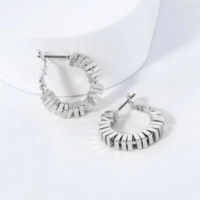 Fashnzfab Rhodium Plated Geometric Textured Hoop Earrings In Silver