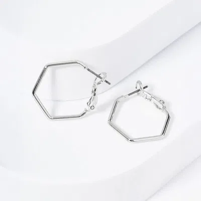 Fashnzfab Rhodium Plated Hypoallergenic Geometric Hexagon Hoop Earrings In Silver