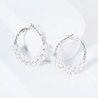 Fashnzfab Rhodium Plated Hypoallergenic Pearl Cluster Beaded Hoop Earrings In Metallic