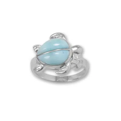 Fashnzfab Rhodium Plated Larimar Sea Turtle Ring In Metallic