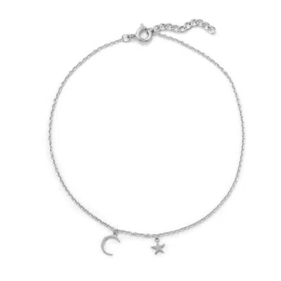 Fashnzfab Rhodium Plated "my Moon And Stars" Anklet In Metallic