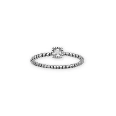 Fashnzfab Rhodium Plated Oxidized Square Cz And Beaded Band Ring In Pattern