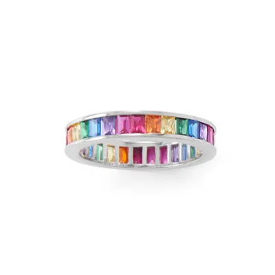 Fashnzfab Rhodium Plated Rainbow Cz Ring In Pink