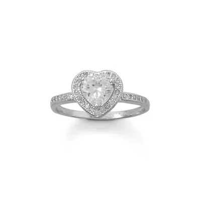 Fashnzfab Rhodium Plated Solitaire 6mm Cz Heart Ring With Halo Cz Edge In Metallic