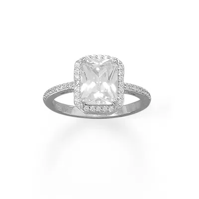 Fashnzfab Rhodium Plated Solitaire Rectangle Cz Ring With Halo Cz Edge In Metallic