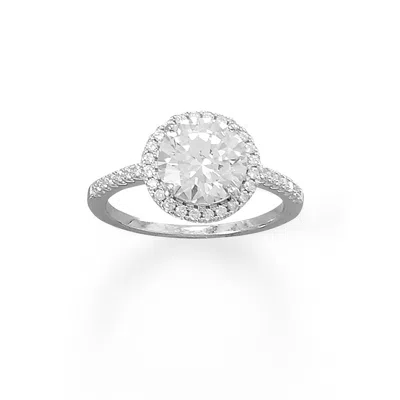 Fashnzfab Rhodium Plated Solitarire Round Cz Ring With Halo Cz Edge In Silver