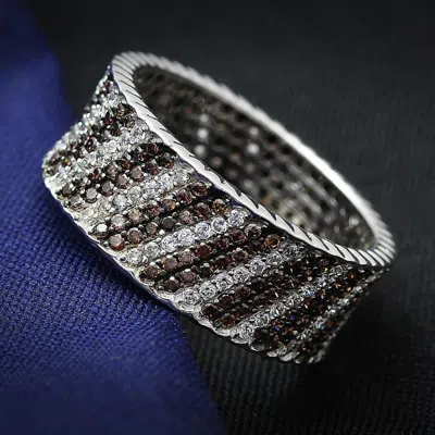 Fashnzfab Rhodium + Ruthenium 925 Sterling Silver Ring With Aaa Grade Cz In Brown In Multi