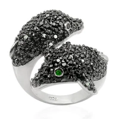 Fashnzfab Rhodium + Ruthenium 925 Sterling Silver Ring With Synthetic Synthetic Glass In Emerald In Multi