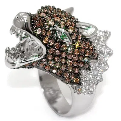 Fashnzfab Rhodium + Ruthenium Brass Ring With Aaa Grade Cz In Multi Color In Black