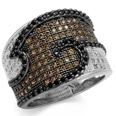 Fashnzfab Rhodium + Ruthenium Brass Ring With Aaa Grade Cz In Multi Color In Red