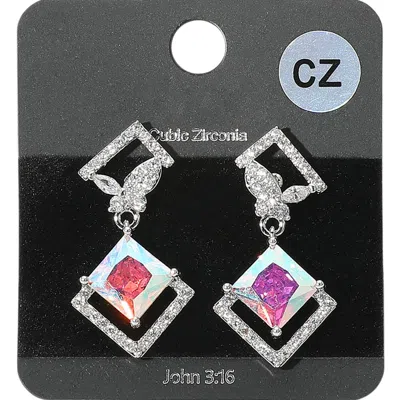 Fashnzfab Rhombus Cz Stone Cluster Dangle Butterfly Pointed Evening Earrings - Ab, Clear, Rhodium In Multi