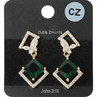 Fashnzfab Rhombus Cz Stone Cluster Dangle Butterfly Pointed Evening Earrings - Clear, Emerald, Gold