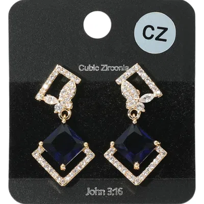 Fashnzfab Rhombus Cz Stone Cluster Dangle Butterfly Pointed Evening Earrings - Clear, Gold, Sapphire