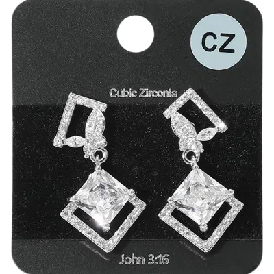 Fashnzfab Rhombus Cz Stone Cluster Dangle Butterfly Pointed Evening Earrings - Clear, Rhodium In White