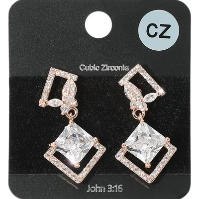 Fashnzfab Rhombus Cz Stone Cluster Dangle Butterfly Pointed Evening Earrings - Clear, Rose Gold