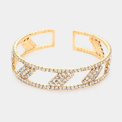 Fashnzfab Rhombus Rhinestone Pave Accented Cuff Bracelet Gold