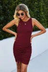 Fashnzfab Ribbed Crew Neck Ruched Bodycon Tank Dress