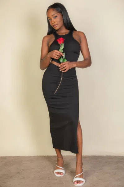 Fashnzfab Ribbed Cropped Top And Maxi Side Slit Skirt In Black