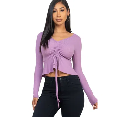 Fashnzfab Ribbed Drawstring Front Long Sleeve Peplum Top In Pink