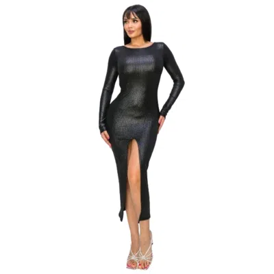 Fashnzfab Ribbed Knit Metallic Backless Midi Dress In Black