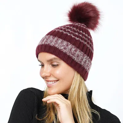Fashnzfab Ribbed Knit Pom Pom Beanie Hat In Burgundy