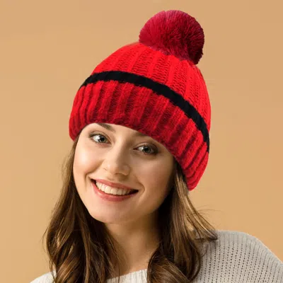 Fashnzfab Ribbed Knit Pom Pom Beanie Hat In Red