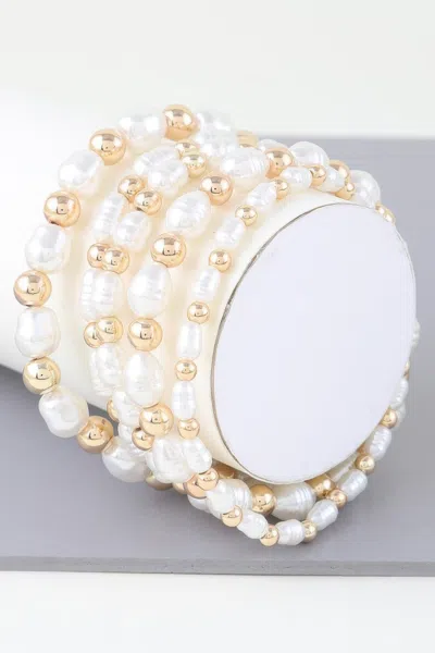 Fashnzfab Ribbed Pearl Beaded Bracelet In Neutral
