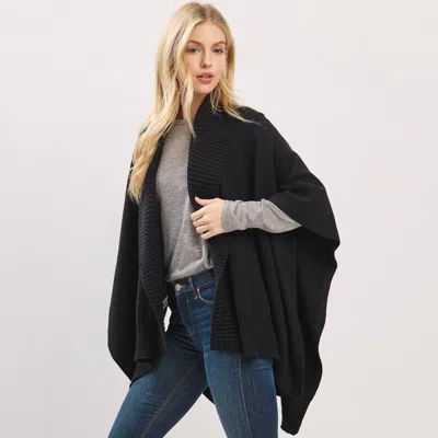 Fashnzfab Ribbed Trim Open Front Soft Knit Shawl Cape Poncho In Black